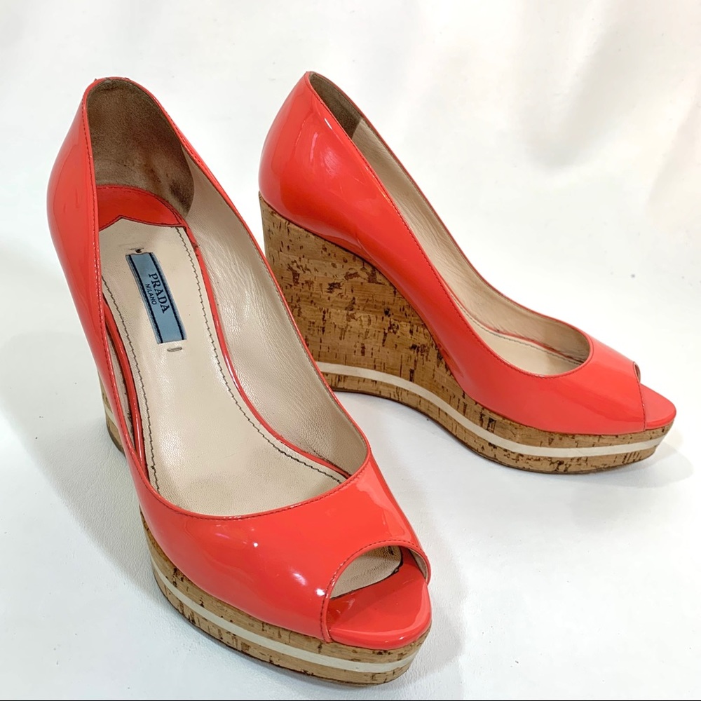 Prada Coral Patent Peep Toe Cork Wedge Pumps 8 M